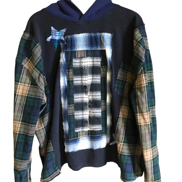 Upcycled Waffle Knit Hoodie: Plus Size XL-2X, Plaid Patches & Appliquéd Stars - Picture 1 of 13